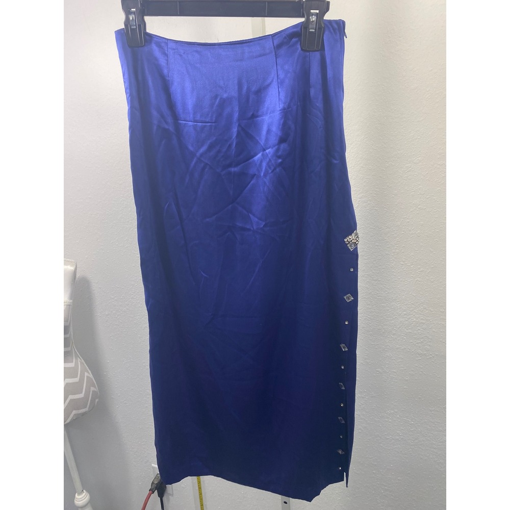 Royal Blue Satin Midi Skirt Rhinestone Embellished Side Slit‎ High Waist Formal